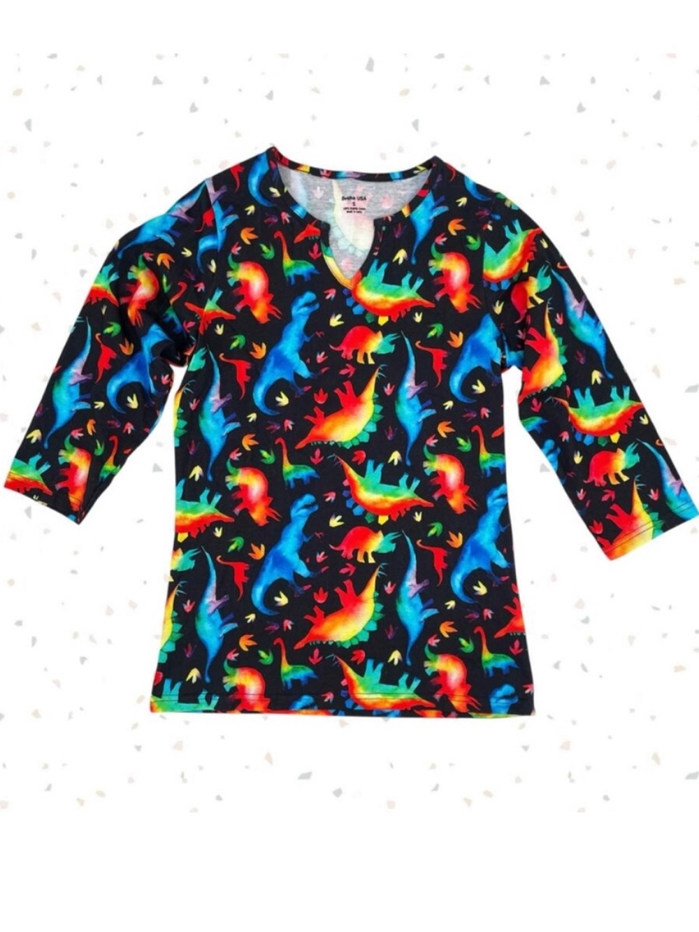 Svaha Rainbowsaurus Split Neck Tunic Top 3/4 Sleeve Colorful Dinosaur Tee Size S